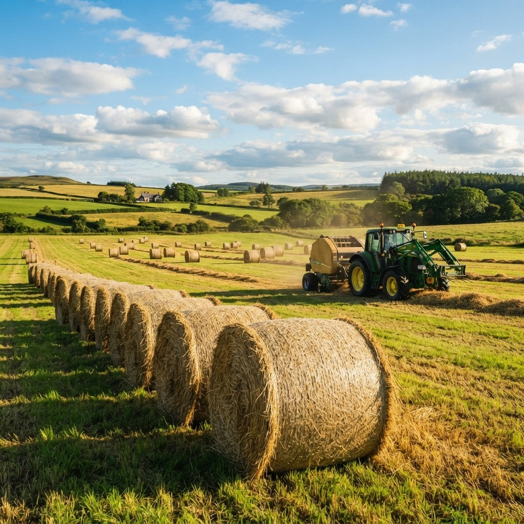Biomass hay bales in a field, feedstock for Charm Industrial bio-oil storage